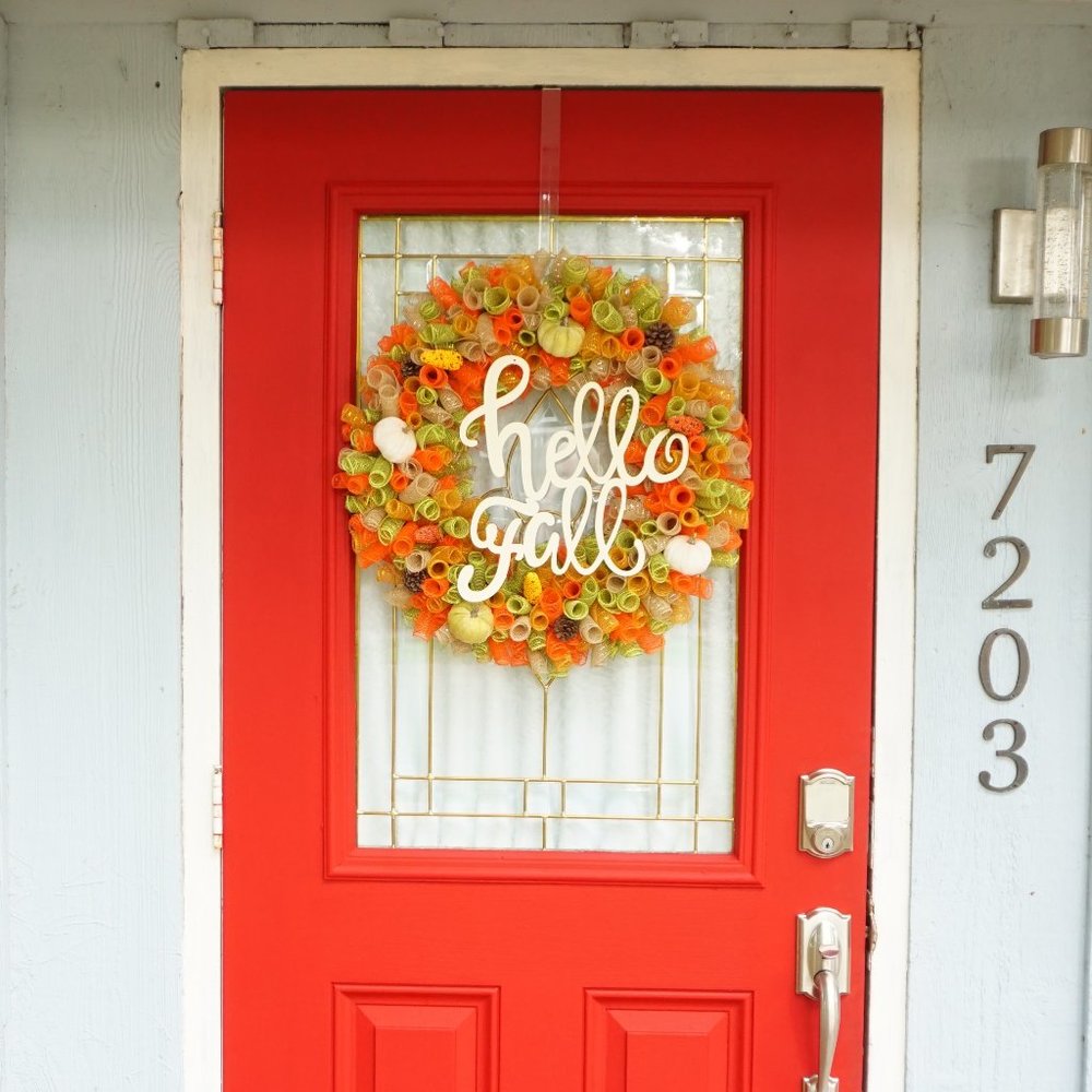 Orange, Tan, Sage Green, and Gold Hello Fall Deco Mesh Wreath